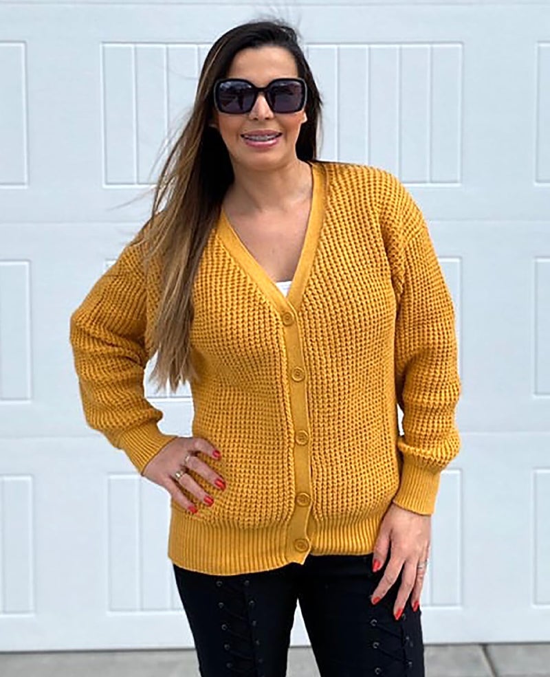 QUALFORT Women's Mustard Cardigan Sweaters for Women 100% Cotton Button-Down Long Sleeve Oversized Knit Outerwear Mustard XXX-Large - Image 4